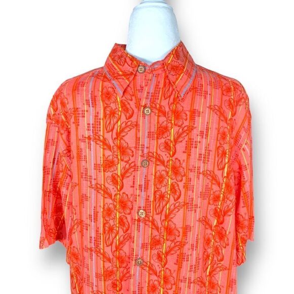 Vintage Rayon Shirt Red Floral Hawaiian Printed Vertical Striped Short Sleeve - Picture 3 of 9